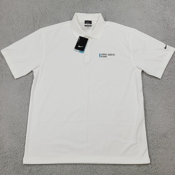 Nike Polo Shirt Mens Large White Dri-Fit Golf Swoosh Coral Gables Hospital Logo - Picture 1 of 15